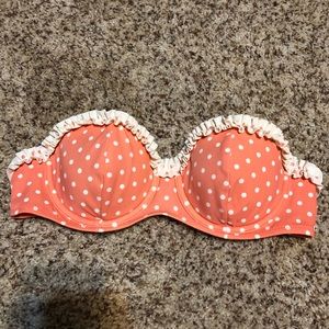 Coral & White polka dot ruffled bandeau bikini top